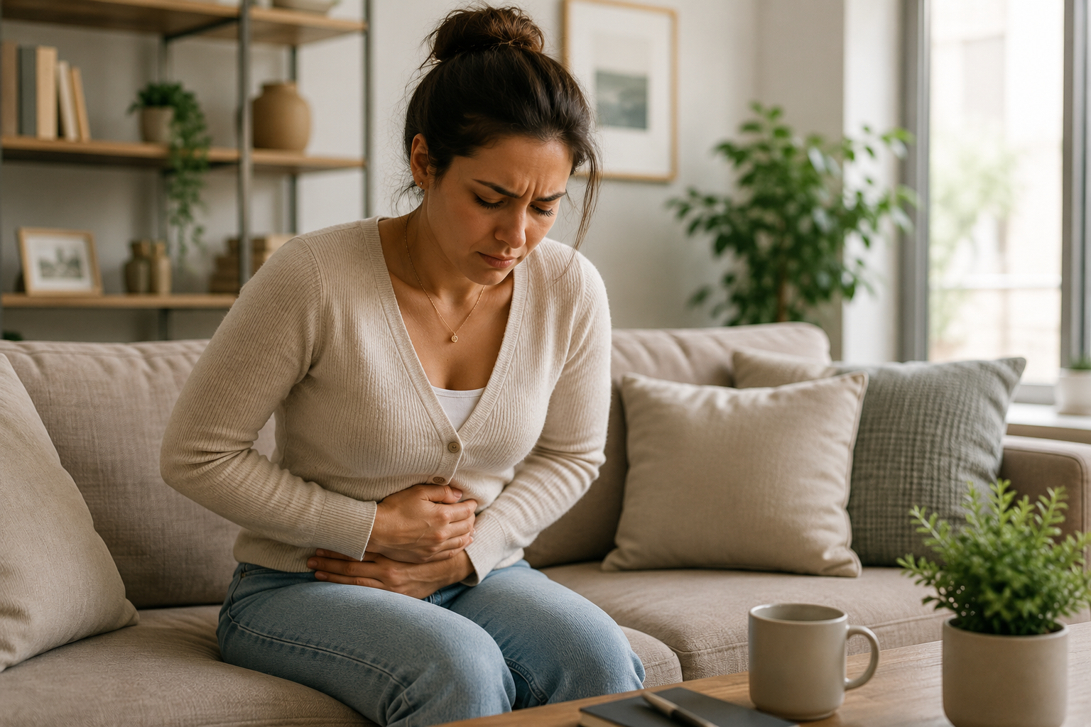 Woman experiencing abdominal bloating while sitting at home