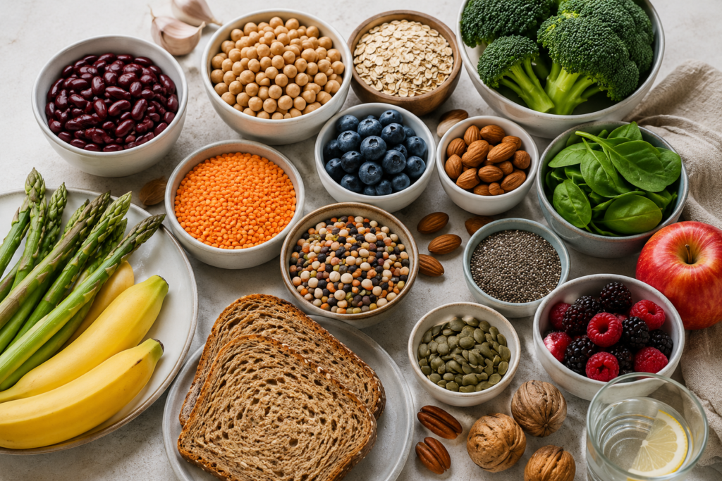 High-fiber foods including beans, lentils, oats, fruits and vegetables