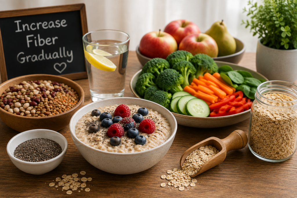 High-fiber foods including oats, chia seeds, fruits and vegetables