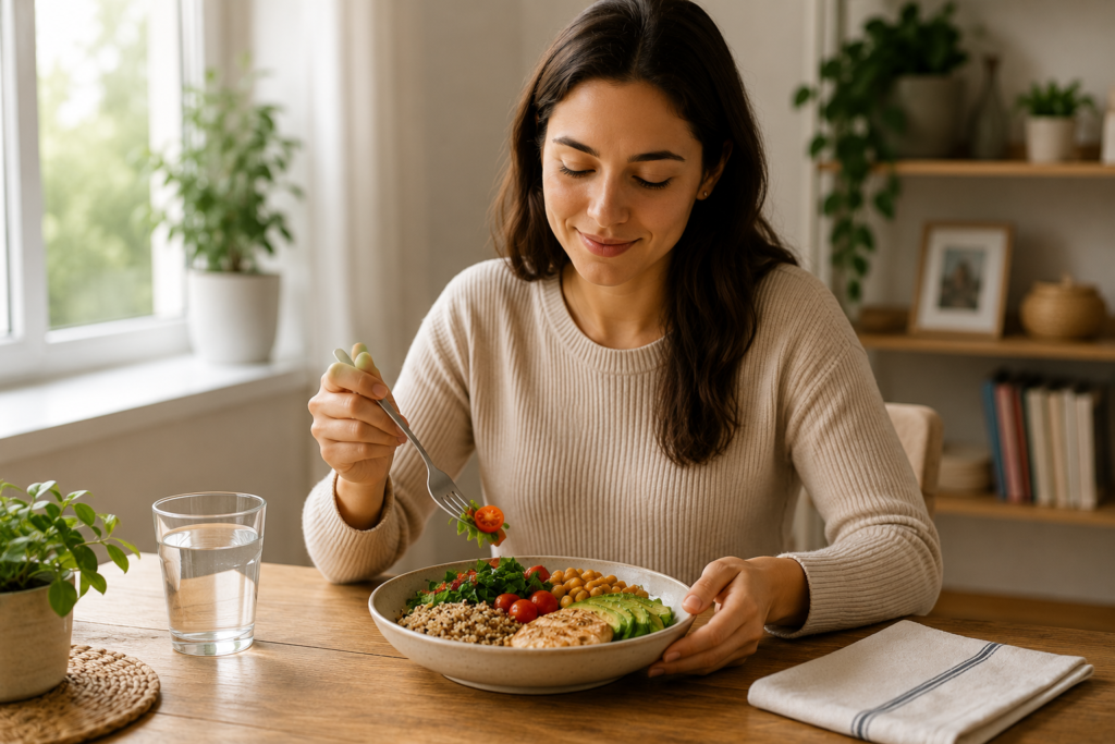 Woman eating a balanced meal slowly at home