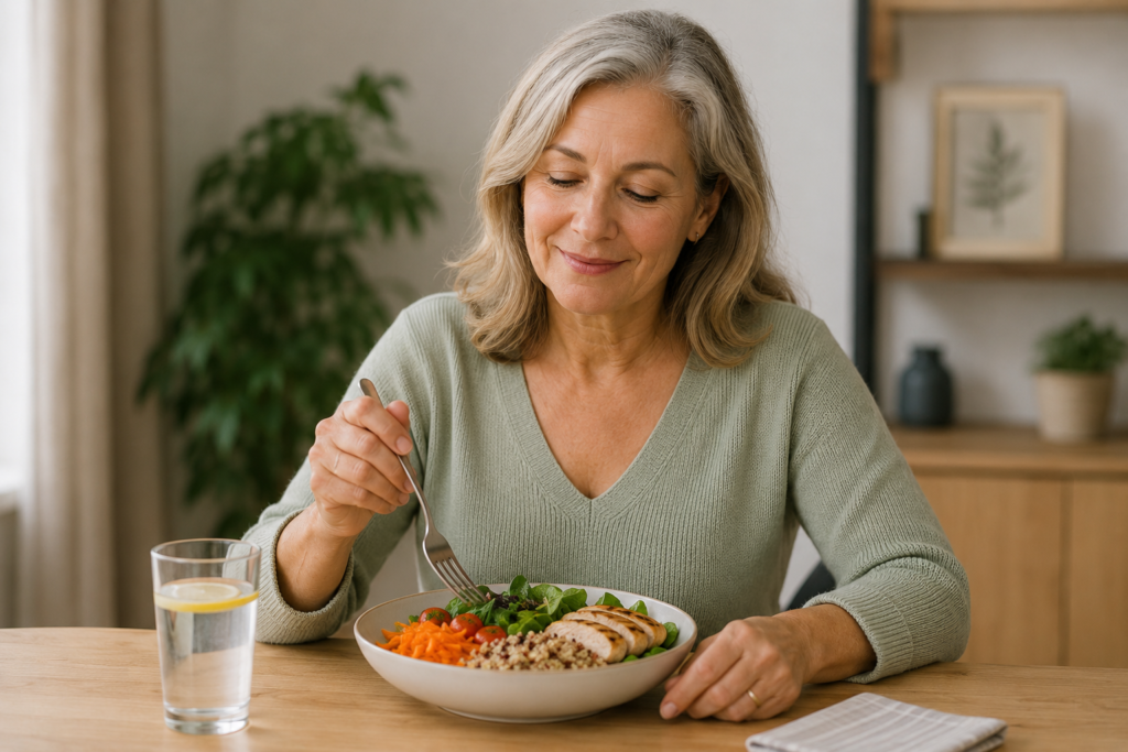 Mature woman enjoying a balanced meal with vegetables, whole grains and grilled chicken